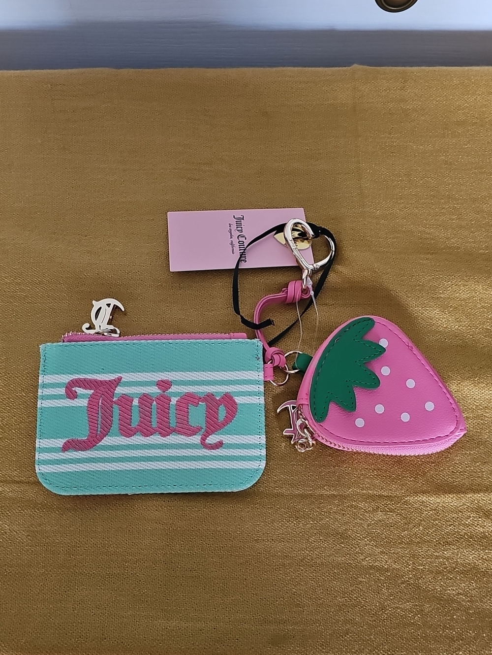 Juicy Couture Mint Stripe Wallet/Cardholder with Pink Strawberry Key Pouch NWT